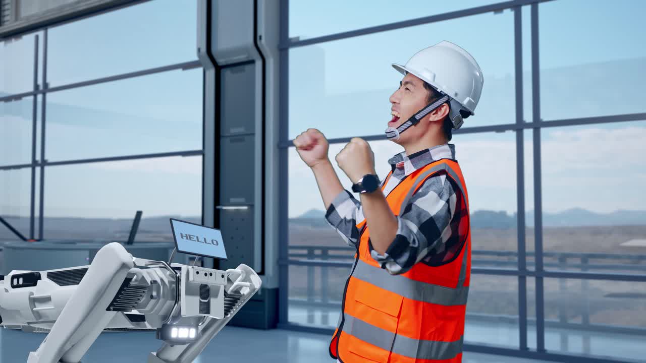 vista laterale di un ingegnere maschio asiatico con casco di sicurezza in piedi e urlando obiettivo celebrando il lavoro in una fabbrica ad alta tecnologia, analizzando il concetto di macchina robotica