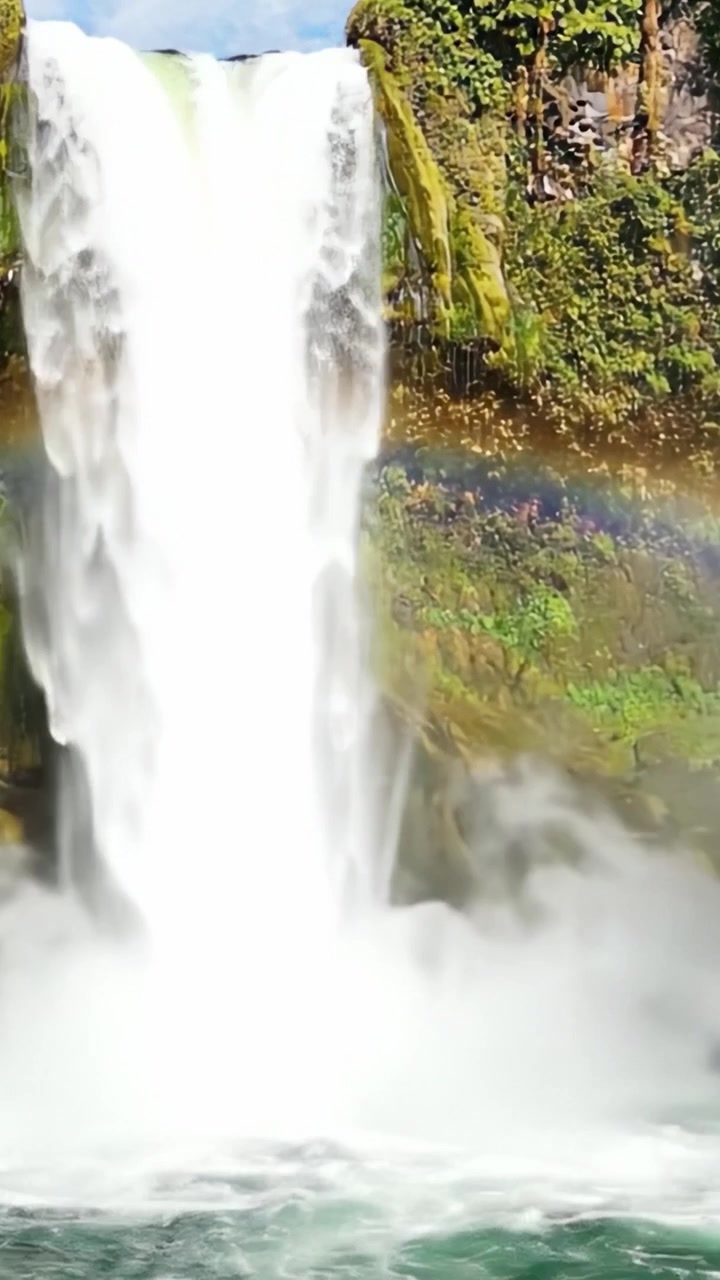 Cascata affascinante circondata da una vegetazione lussureggiante e flora vivace, che crea una scena maestosa con acqua che scende a cascata e arcobaleni in un ambiente incantato