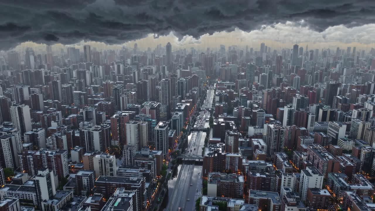 nubes de tormenta amenazantes que se asomenan sobre el horizonte metropolitano, arrojando al entorno urbano con fuertes lluvias, alterando dramáticamente el paisaje visual de la ciudad durante condiciones climáticas severas