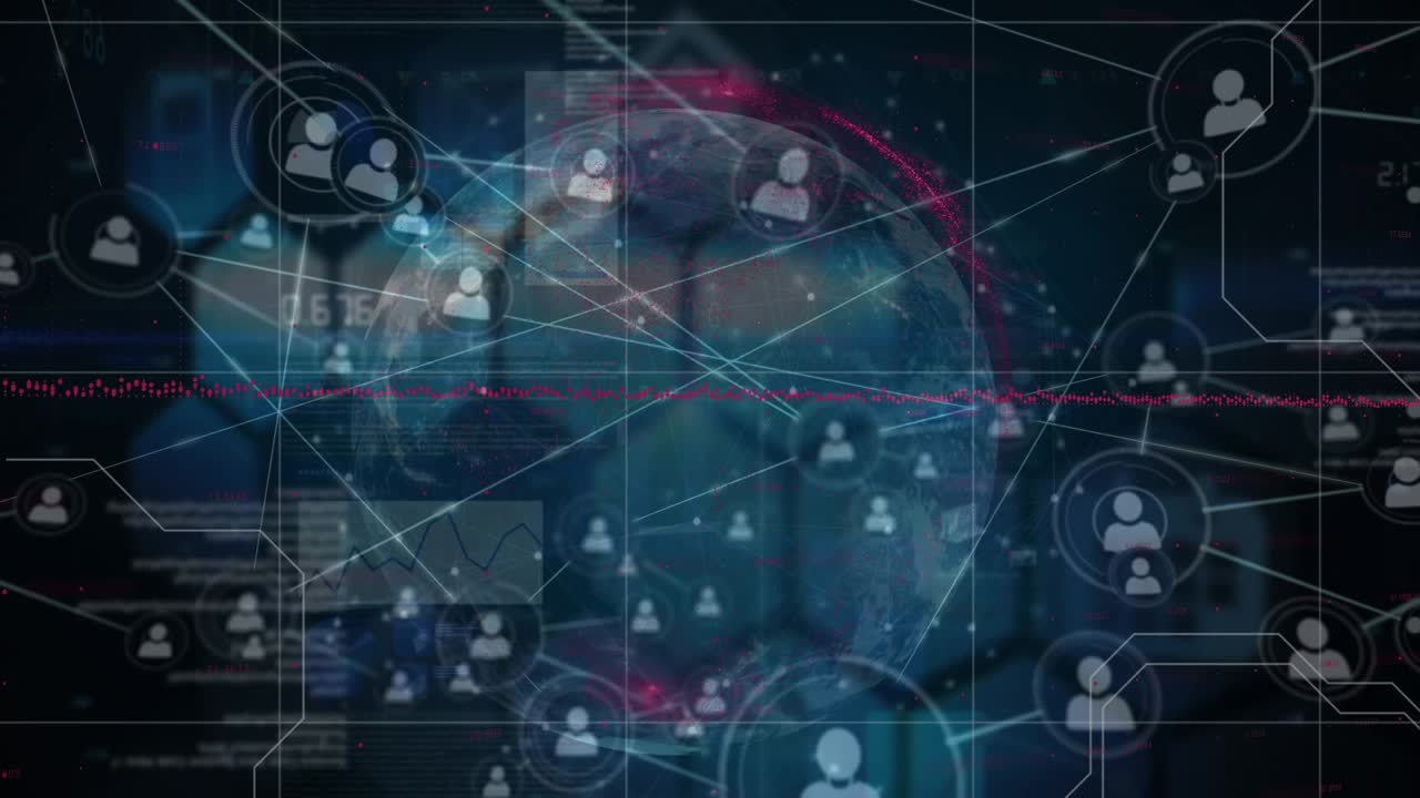 Animazione di rete di connessioni con icone e globo su sfondo nero.