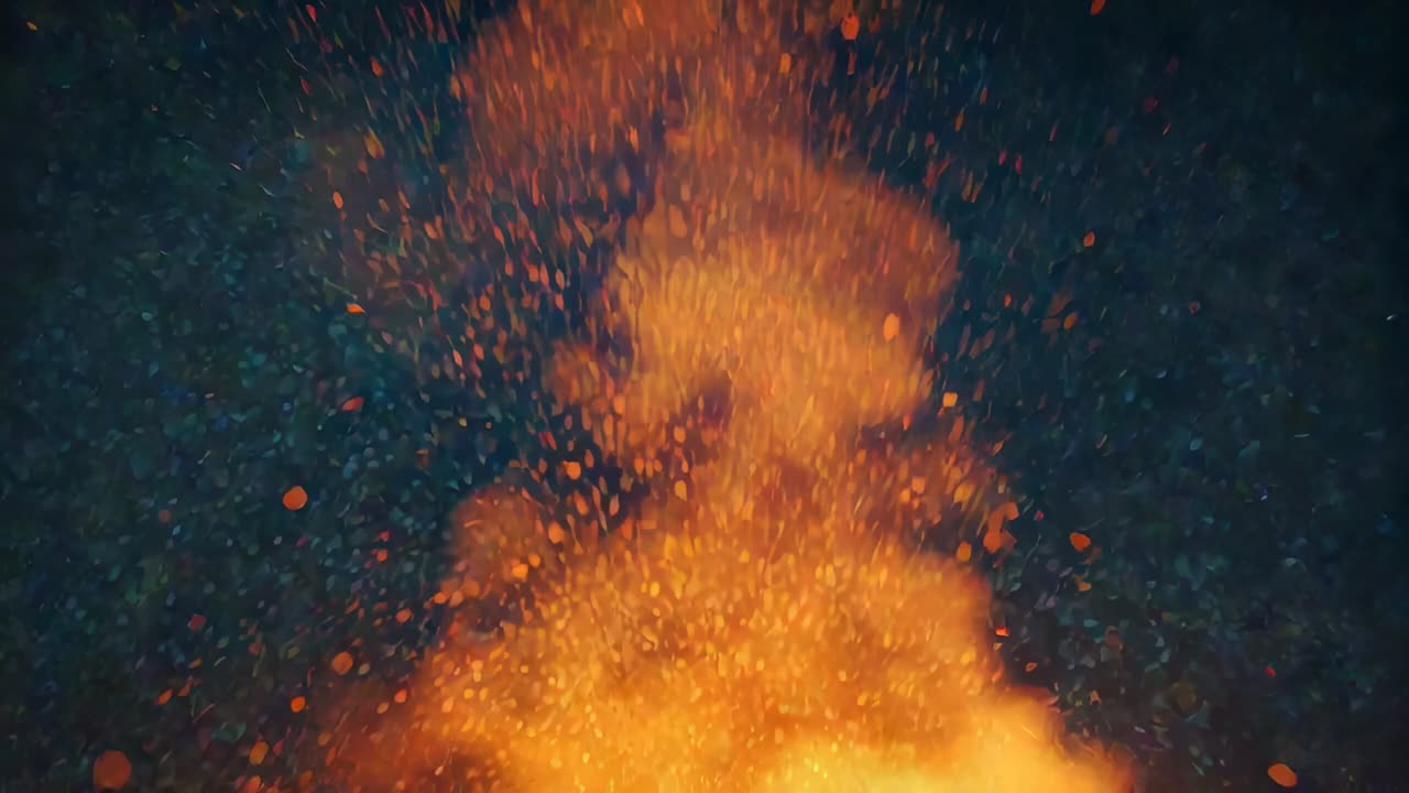 Opening shot showing open flame bulging forms, sending rising embers and sparks into dark space