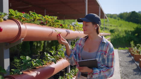 mujer inspeccionando fresas en una granja vertical