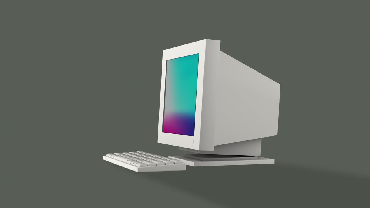 Close up 3d vintage computer on side view shot  isolated gray background.