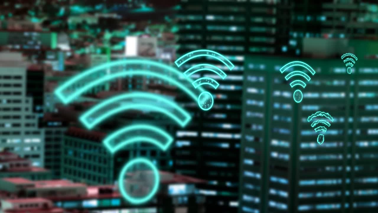 animación de iconos wifi digitales que vuelan sobre el paisaje urbano