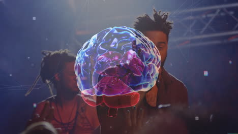 two men mixing audio on club stage, showcasing neuroscience technology with glowing network icons