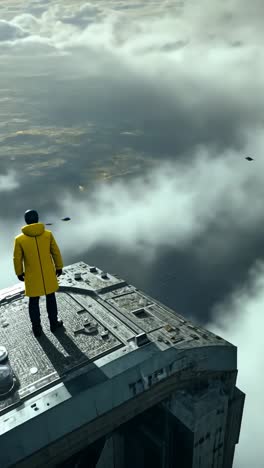 person standing on futuristic platform above the clouds