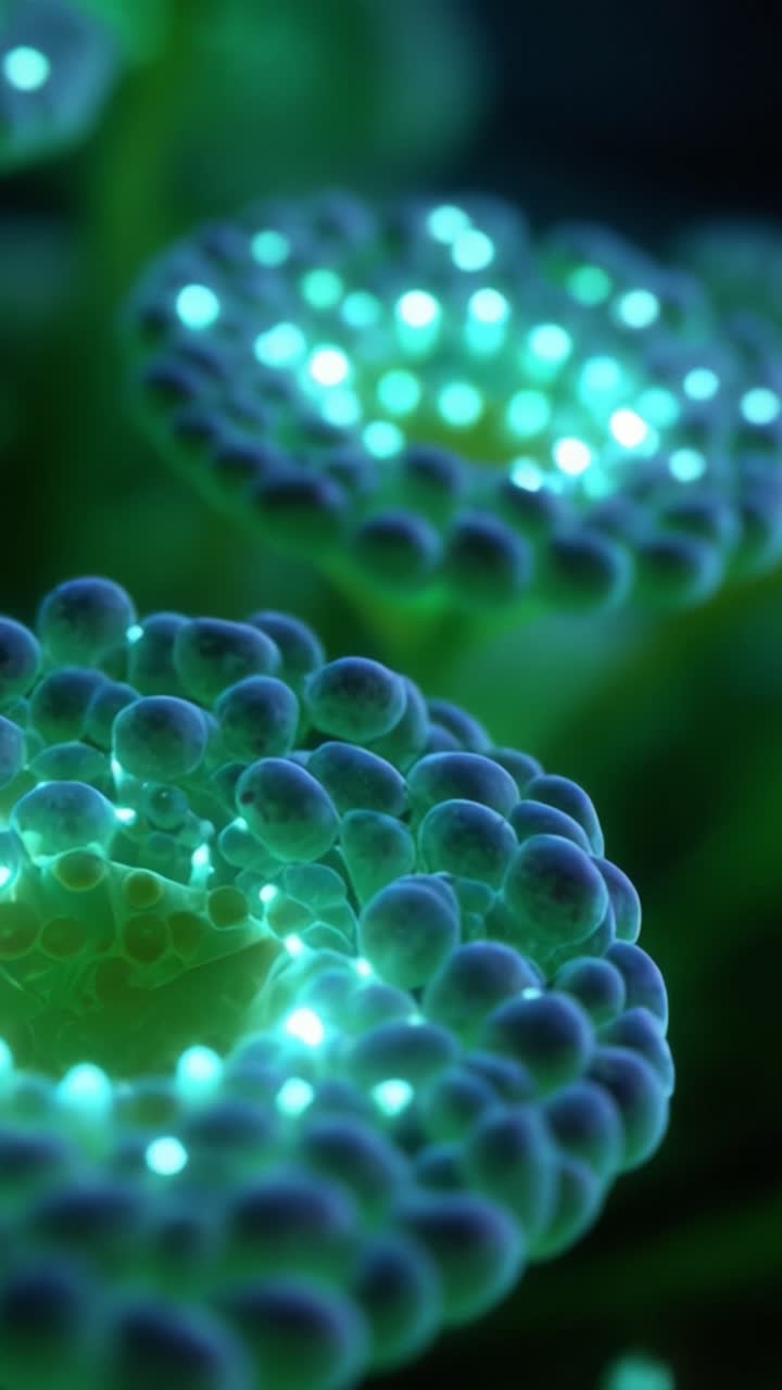 Primo piano radioso di flora sottomarina luminosa con caratteristiche bioluminescenti, che mostra motivi e trame intricati in un vibrante ambiente acquatico.