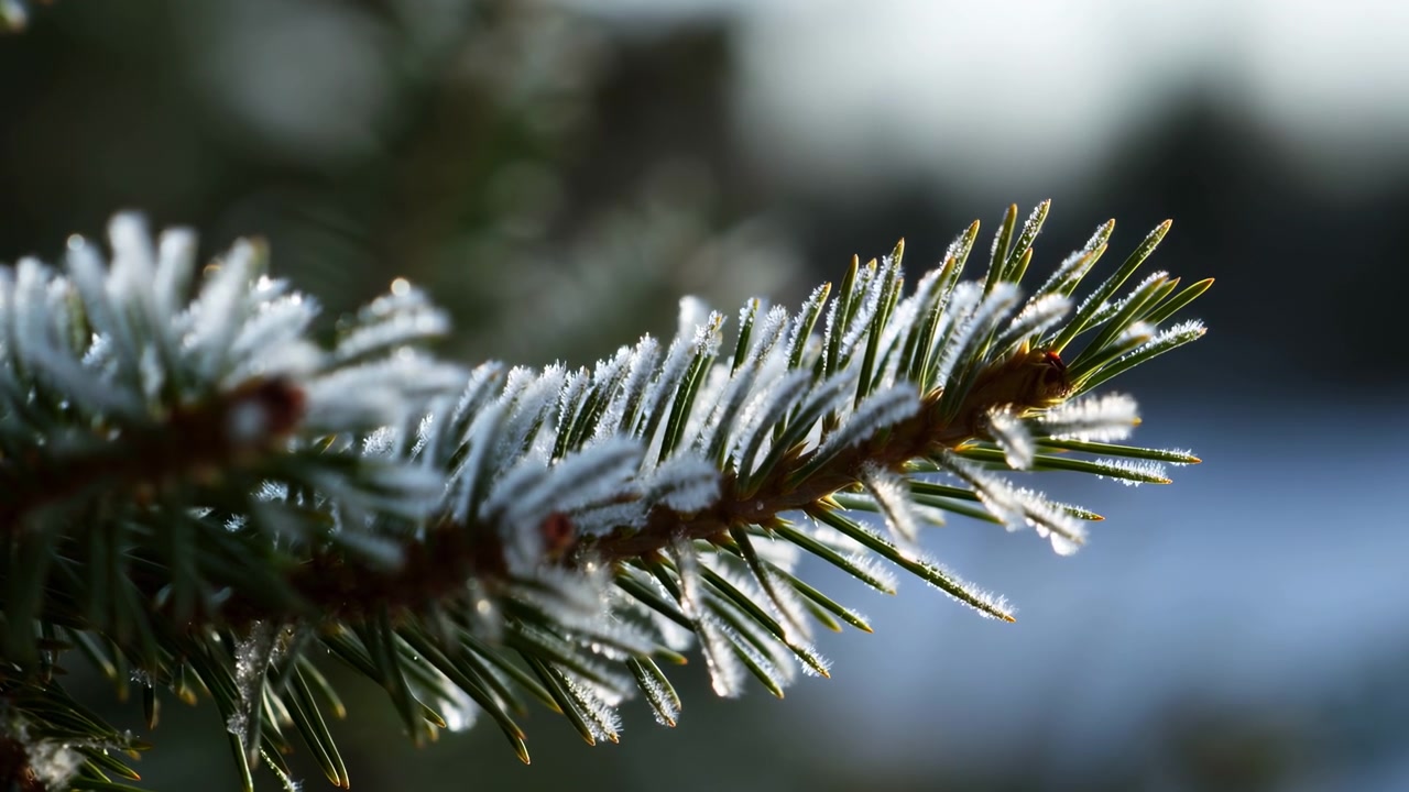 Galho de Abeto Coberto de Geada Com Agulhas Cintilando na Baixa Luz Solar de Inverno, Cristais de Gelo Aderidos ao Verde