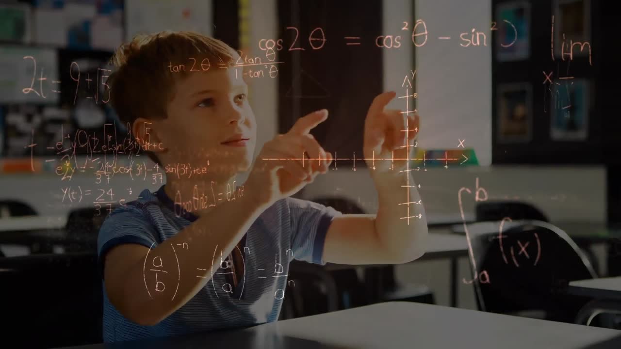 Animation of mathematical equations over schoolboy in classroom