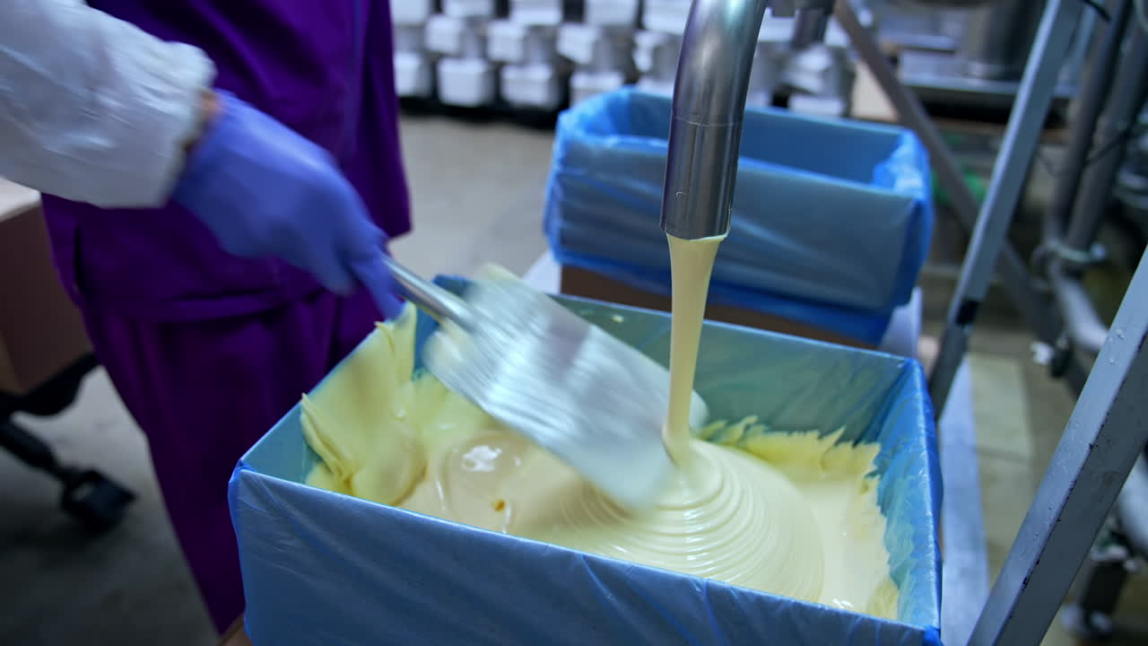 Producing butter food industry. Industrial making cheese in big factory.