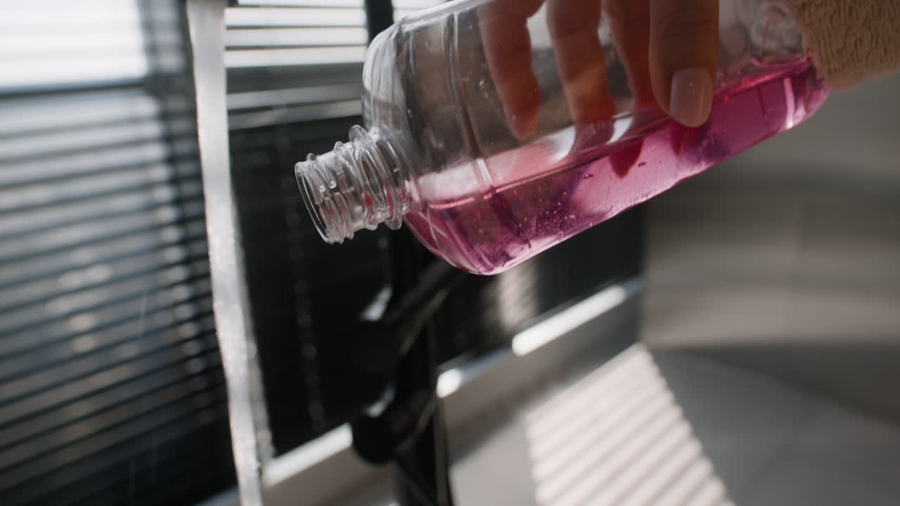 Woman pouring pink cleaning liquid into a sink