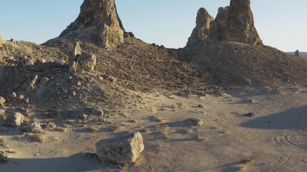 Establishing Aerial shot of the Pinnacles in the California Desert at sunset