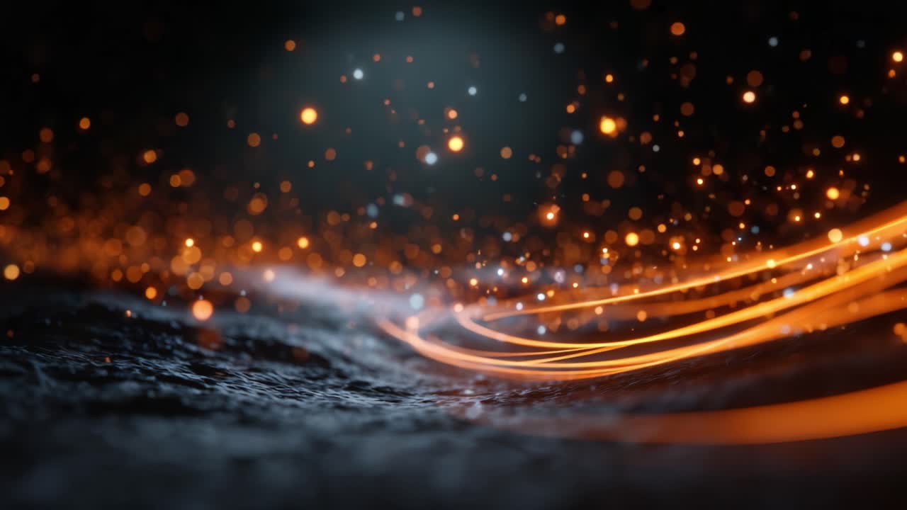 Ipnotico flusso di particelle di luce e linee illuminate catturato in movimento, che astrae la bellezza della luce e della luminescenza in un ambiente buio