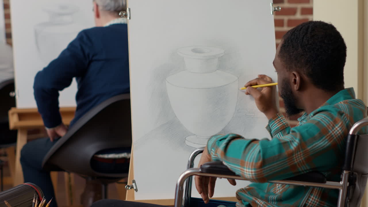 Art class student in wheelchair using pencil on canvas to draw vase