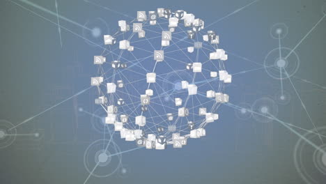 animation of network of connections with icons and shapes over blue background