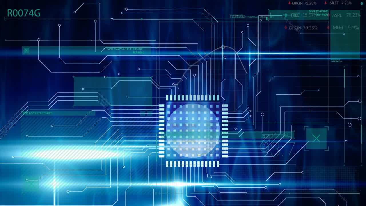 검은색 배경에 있는 데이터 처리 및 모양의 애니메이션