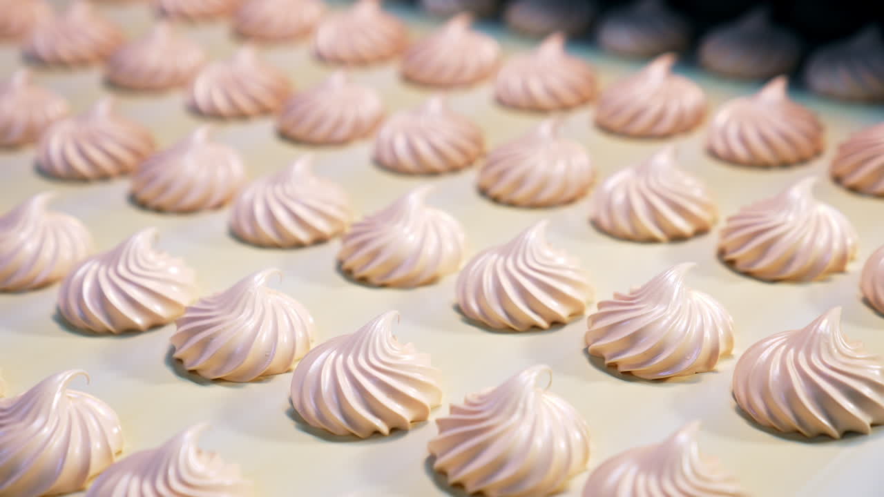 Pink creamy zephyrs production on the food factory. Savory desserts moving along conveyor belt close up. Blurred background.