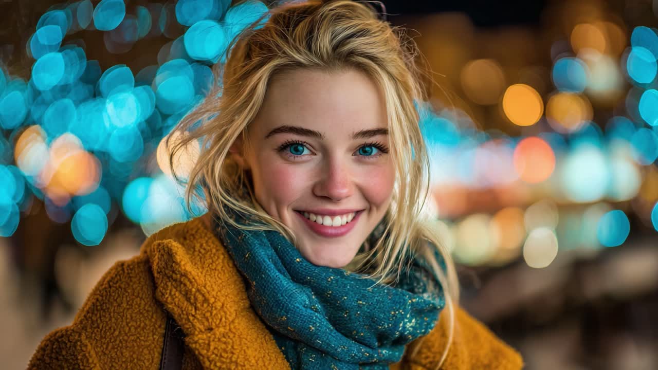 A Smiling Young Woman in a Cozy Scarf Surrounded by Beautiful Bokeh Lights at Night, Capturing the Essence of Winter Joy and Warmth in a Vibrant Setting
