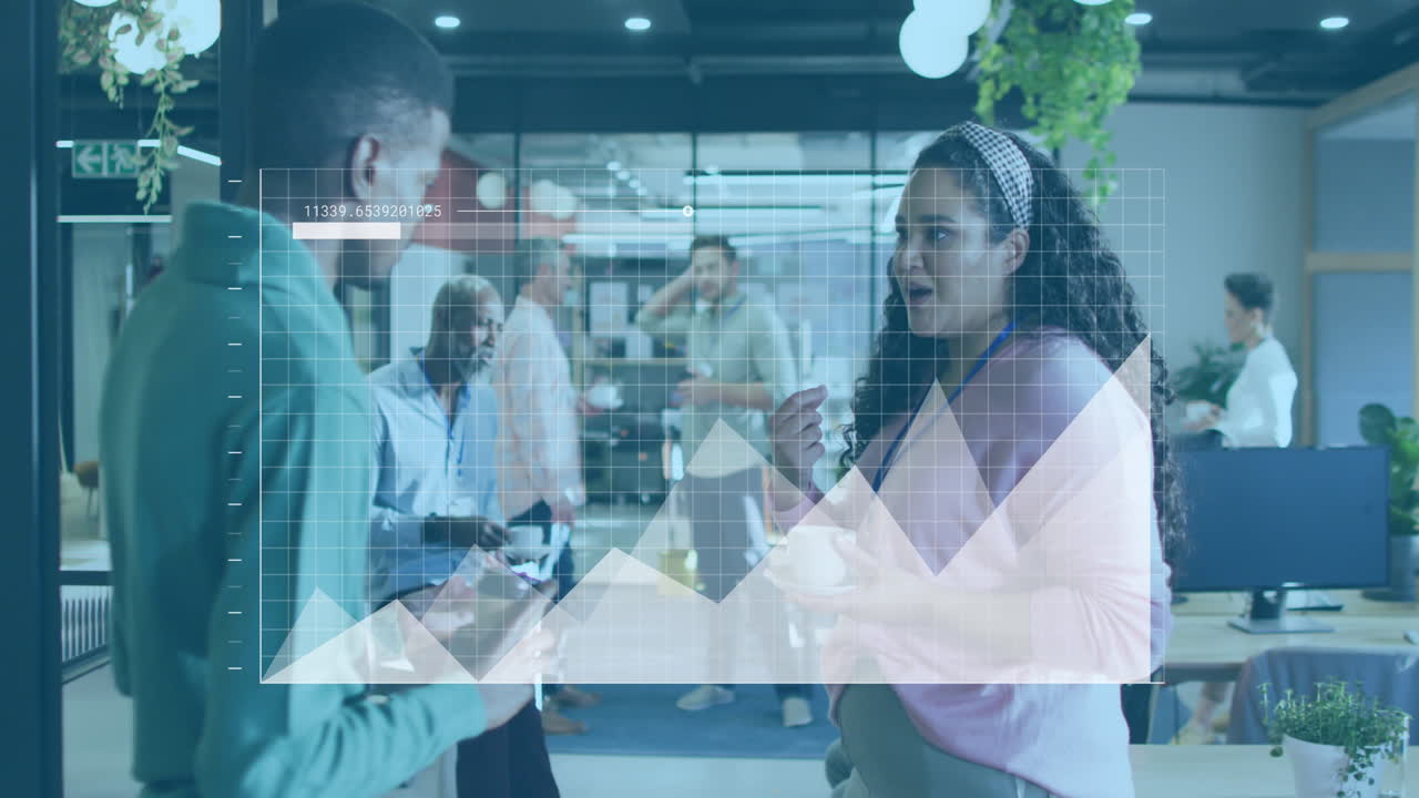 Animation of graphs and loading bar, diverse coworkers discussing while drinking beverage in office