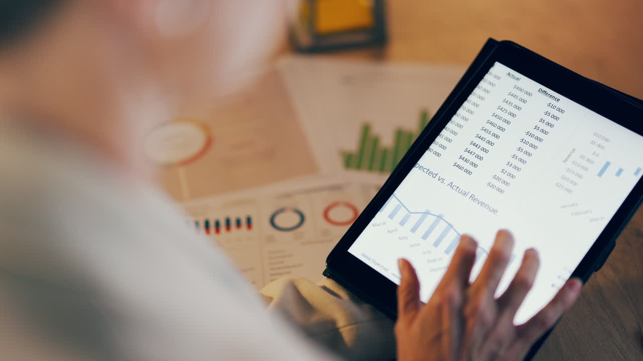 Tablet screen, woman hands and data analysis