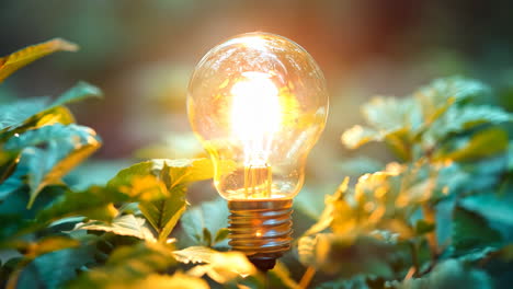 Glowing Light Bulb Surrounded by Lush Greenery in Natural Setting. A bright light bulb illuminates vibrant green leaves in a tranquil outdoor environment.