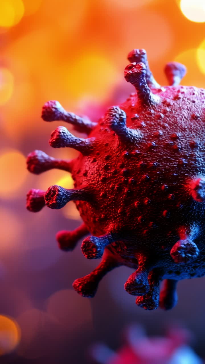 Colorful virus under lens. Detailed visualization of a virus in vibrant hues, illustrating its structure and infectious potential in a lab setting.