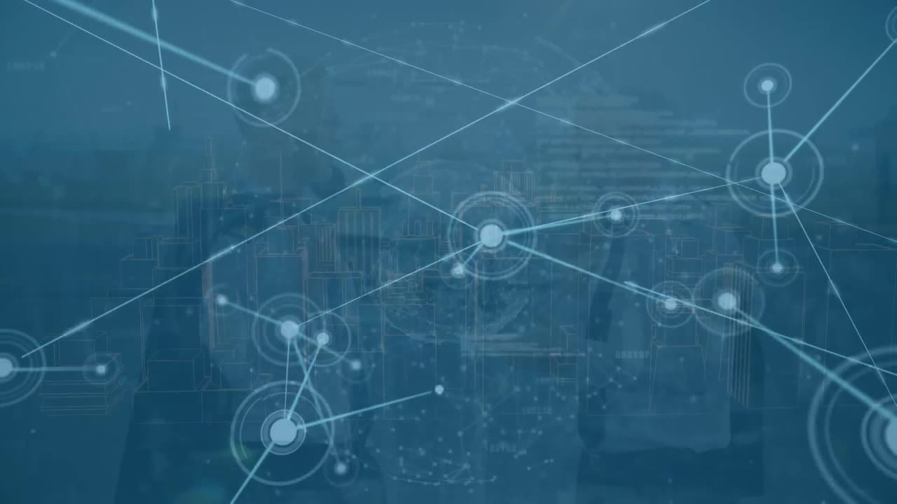 Animation of connected dots, globes and computer language against aerial view of modern cityscape