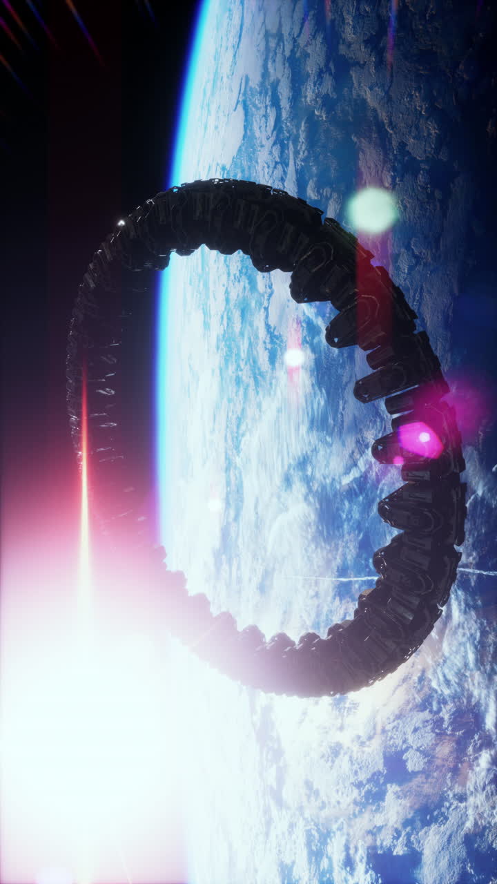 una misteriosa nave espacial orbita la tierra reflejando la luz mientras flota en el espacio