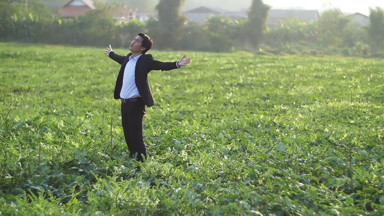 Asian Business Man With Arms Raised In Melon Field