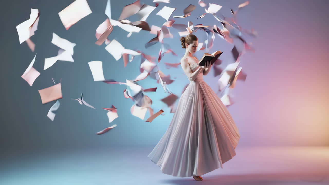 Woman Reading a Book Surrounded by Flying Pages