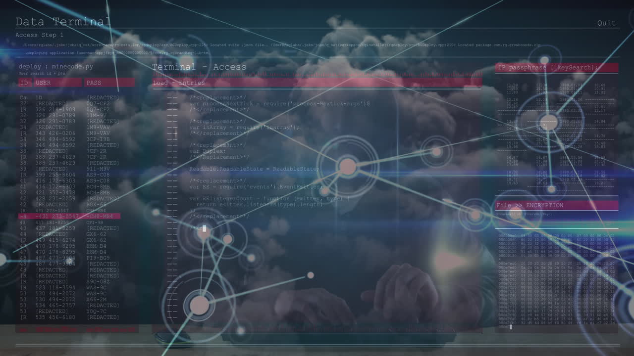 하늘과 스크린에 대한 연결 네트워크와 컴퓨터를 사용하는 남성 해커에 대한 데이터 처리