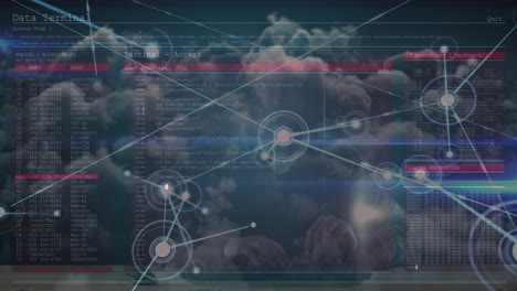network of connections over sky and screen with data processing against male hacker using computer