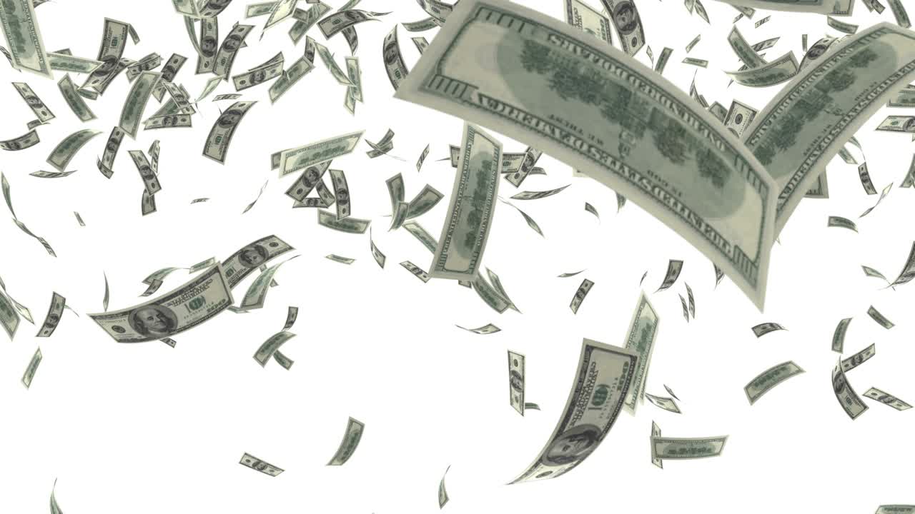 dinero cayendo sobre fondo blanco. 4k
