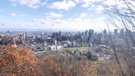 Reveal-of-the-Montreal-skyline-from-the-Mount-Royal-in-autumn,-in-Quebec,-Canada