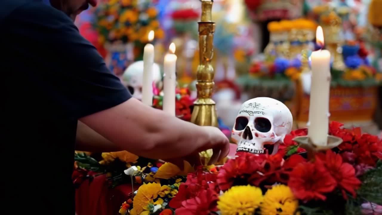 Una persona sta accendendo delle candele davanti a un teschio e dei fiori per il Día de Muertos in Messico