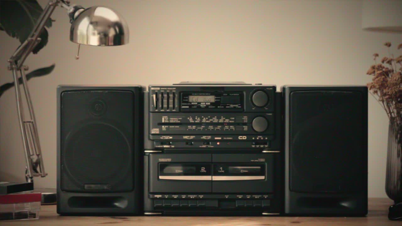 Retro radio tape recorder, audio cassette close-up. Listening to music, old radio boom box player, macro of vintage music listening. . High quality 4k footage