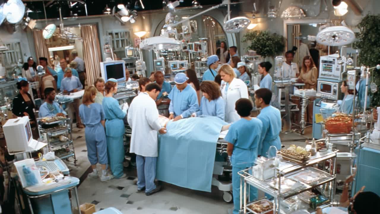 A Depiction of a Busy Surgical Operation Room Brimming with Medical Professionals, Equipment, and Focused Energy in a Complex To Save Lives