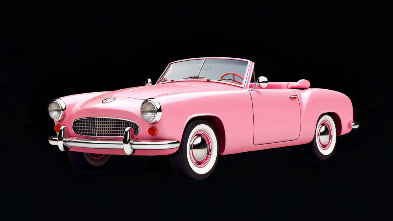 Animation eines pinkfarbenen Vintage-Cabrios als isoliertes Asset, transparentes 4K-Video, Alphakanal, ProRes.