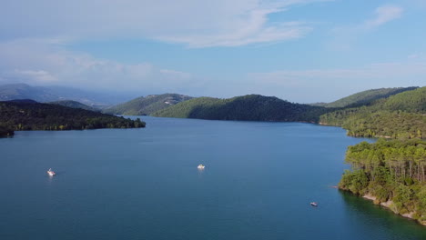 Aerial-view-of-the-lake-surrounded-by-many-green-trees-with-mountains-in-the-background