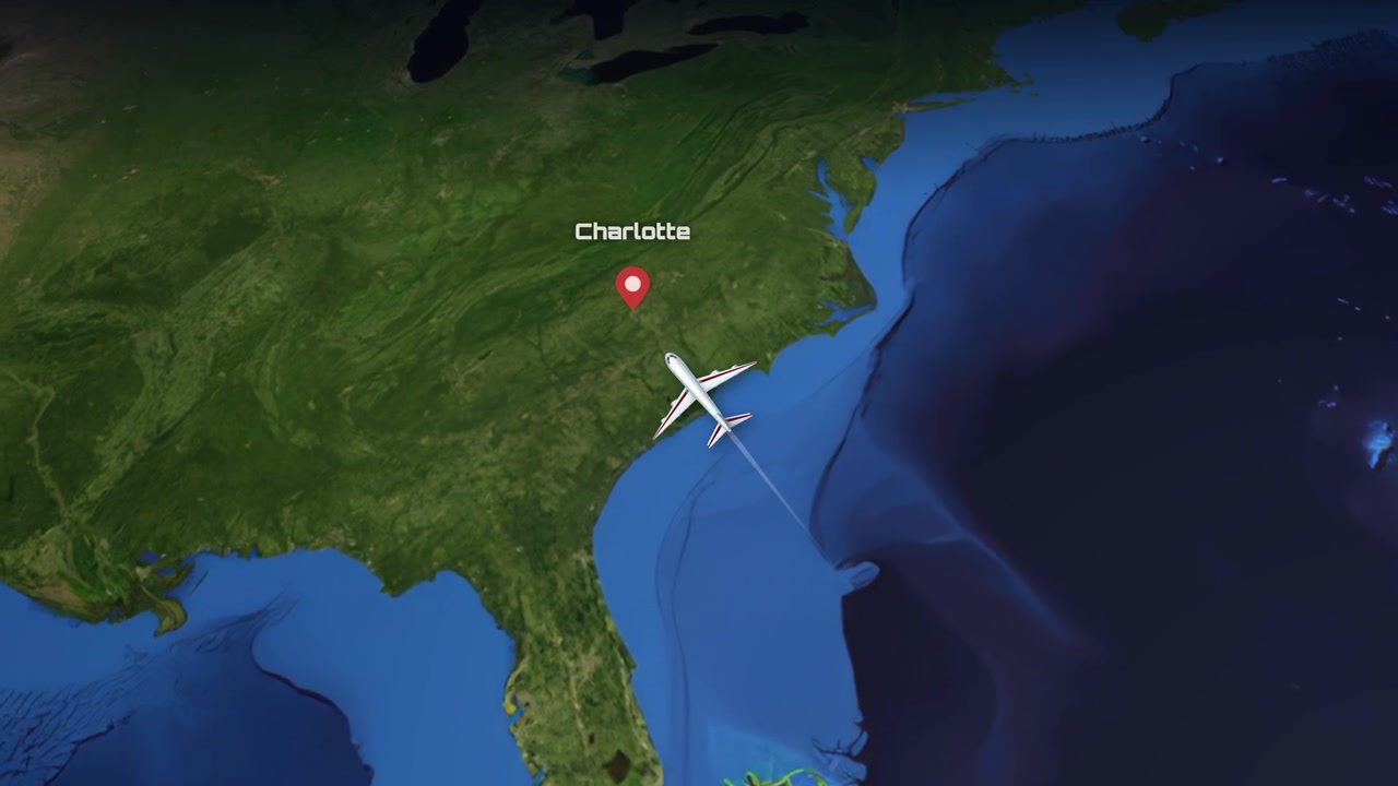 Animación de mapa satelital rastrea un avión comercial volando de Sao Paulo a Charlotte, Carolina del Norte