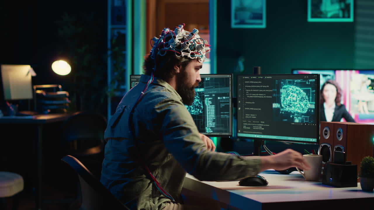 Engineer with EEG headset on merging with artificial intelligence