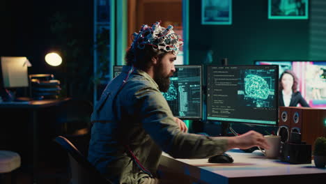 engineer with eeg headset on merging with artificial intelligence