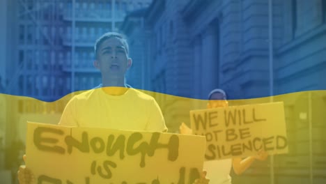 animation of flag of ukraine over biracial male protesters