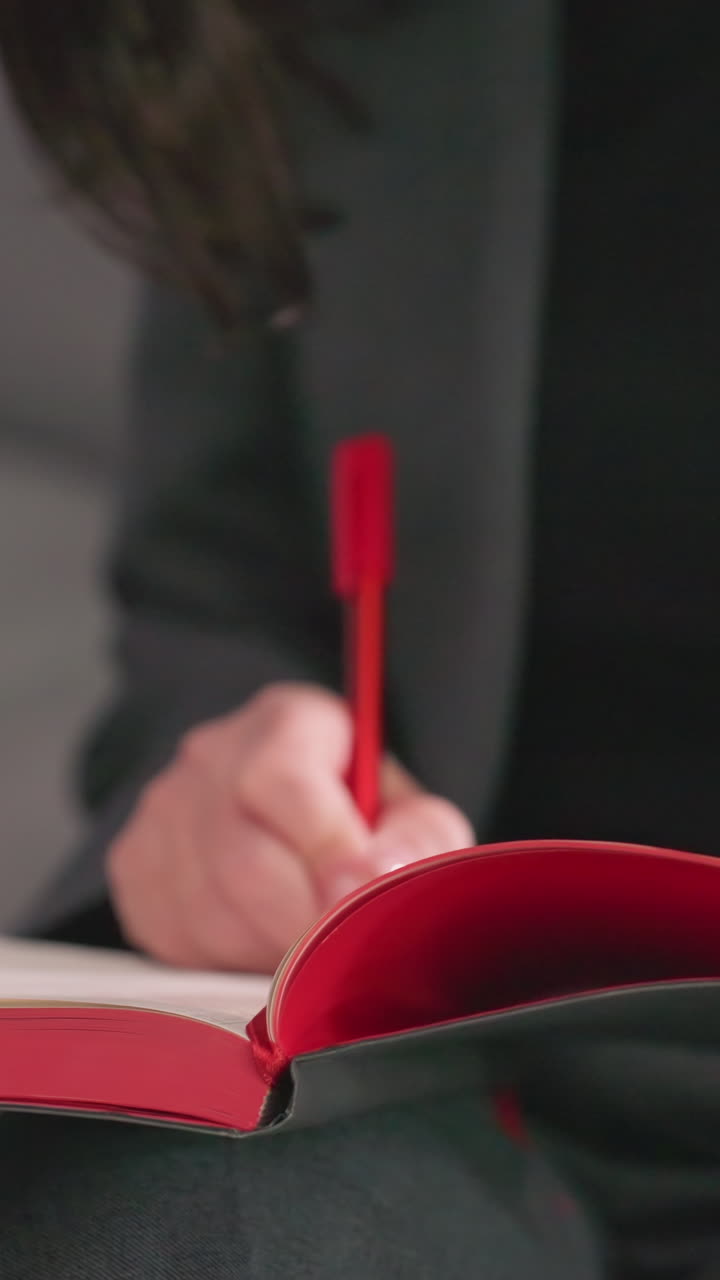 Businesswoman holding red notebook, focusing on reading and writing, modern office setting, professional attire, sitting relaxed on couch, planning, thinking, productivity, decision-making