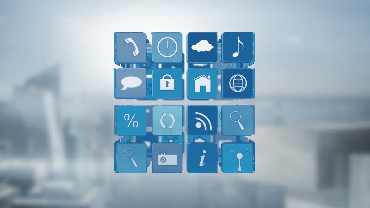 animación de iconos de aplicaciones sobre un fondo borroso del paisaje urbano