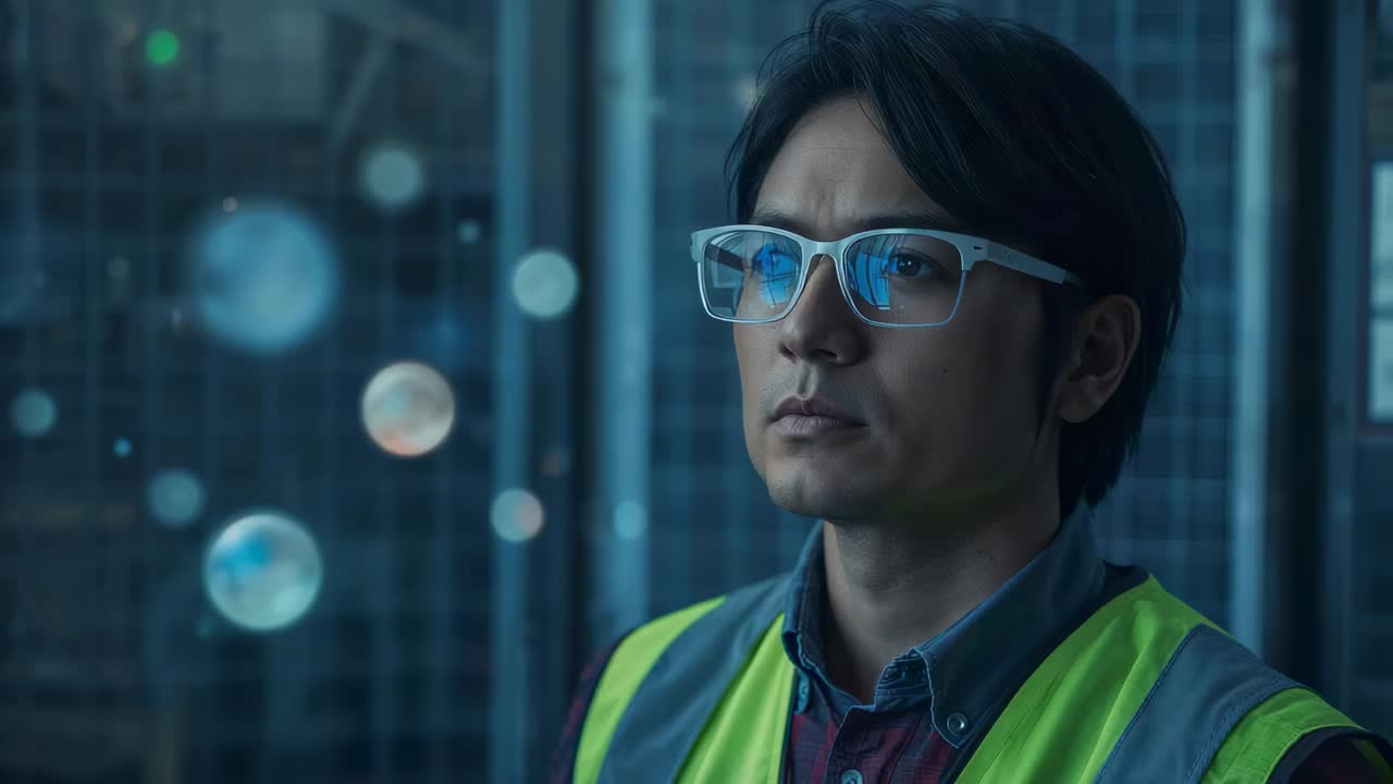 Standing technician in hivis vest, specs shifting gaze after blinking by server racks, copy space