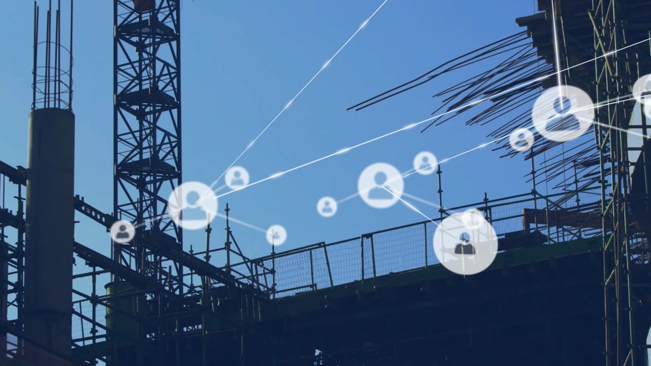 Vertical video: Site crew working platform white nodes rising from right covering crew mapping site