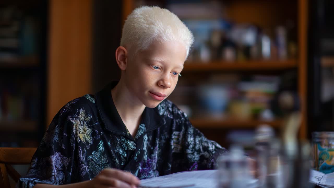 Nuori henkilö, jolla on erottuvat valkoiset hiukset, keskittyy taideteokseensa pöydän ääressä pehmeän valaistuksen ympäröimänä ja kirjojen sekä työkalujen epätarkkana taustana.
