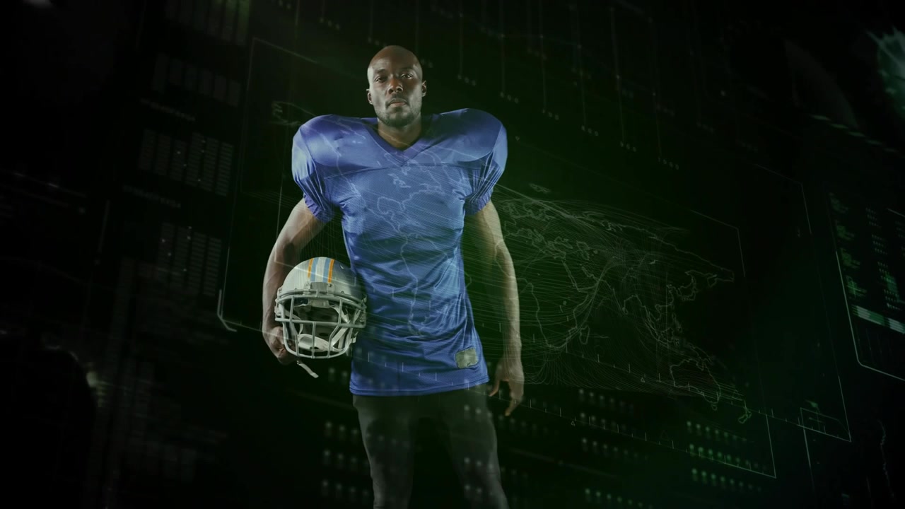 Male athlete breathing scanning field adjusting helmet, pulsing technology grid preparing next play