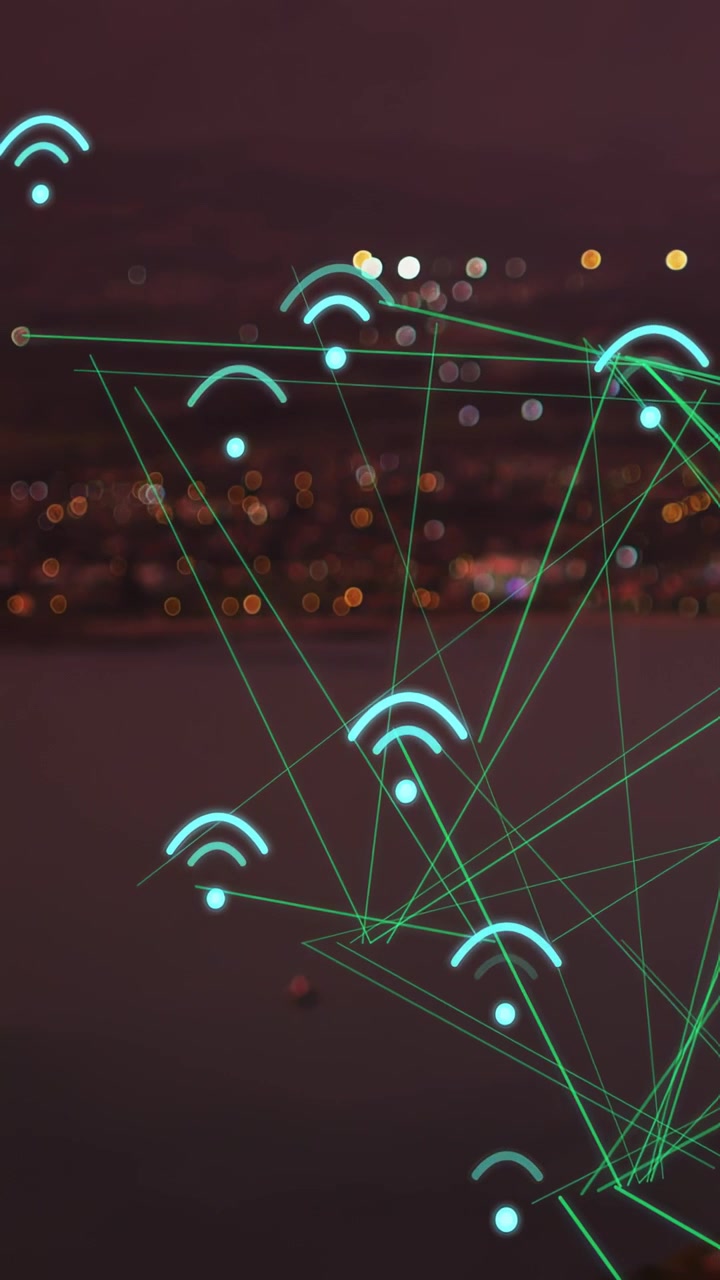 Vertikal video: Cyan buer og noder vokser fra et hjørne-hub, forbindende linjer viser netværk over natten.